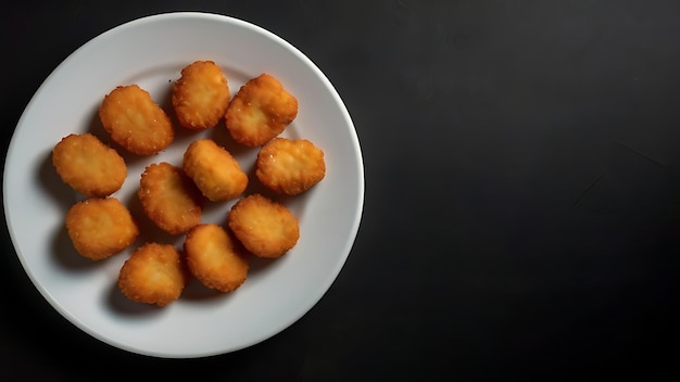 Hühnernuggets in einem Teller auf schwarzem Hintergrund neben Rauch