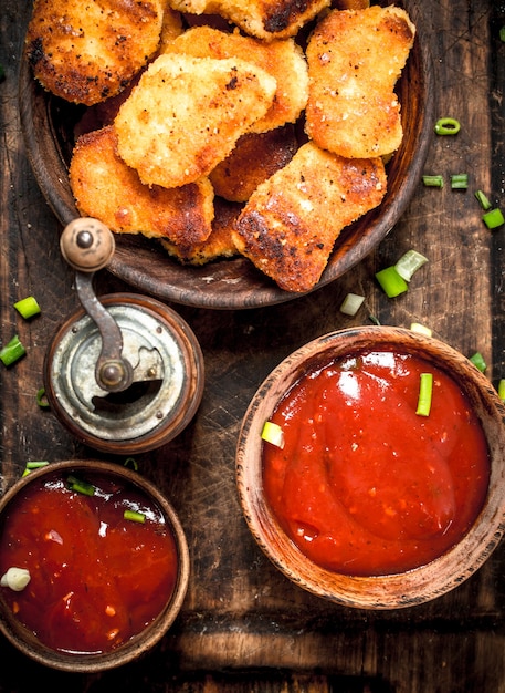 Hühnernuggets in einer Schüssel mit Tomatensauce.