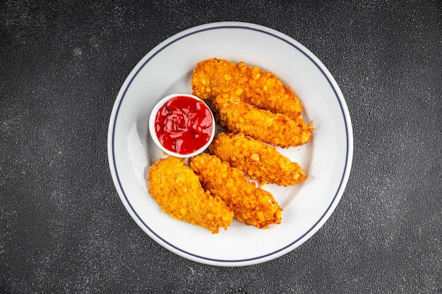 Hühnernuggets in gebratenen, frittierten, frischen, leckeren Speisen, köstliches Gourmetessen, Hintergrund auf dem Tisch, rustikales Essen, Top-View-Kopierraum