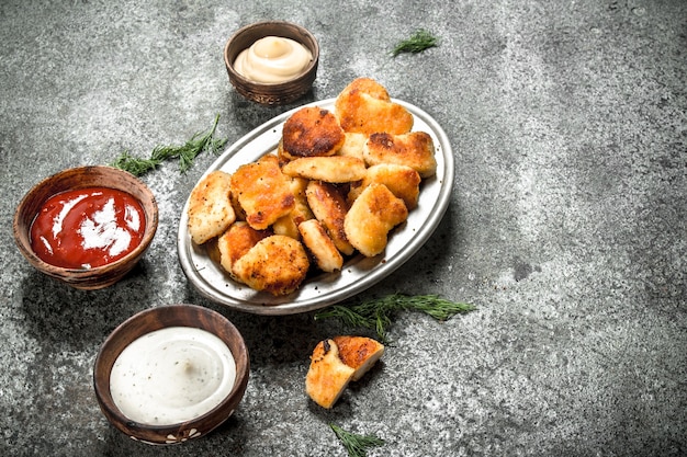 Hühnernuggets mit verschiedenen Saucen.