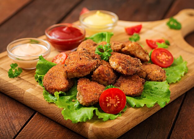 Hühnernuggets und Soße auf einem Holztisch