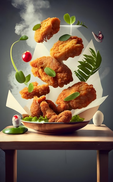 Hühnerrestaurant mit gebratenen Hühnerkotletten als Hauptgegenstand fliegendes Essen