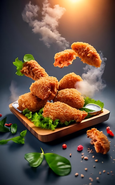 Hühnerrestaurant mit gebratenen Hühnerkotletten als Hauptgegenstand fliegendes Essen
