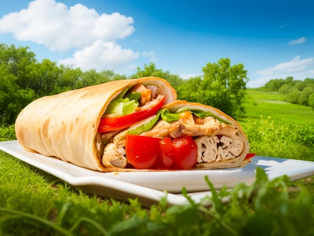 Foto hühnerrolle mit tomaten und zwiebeln auf naturhintergrund