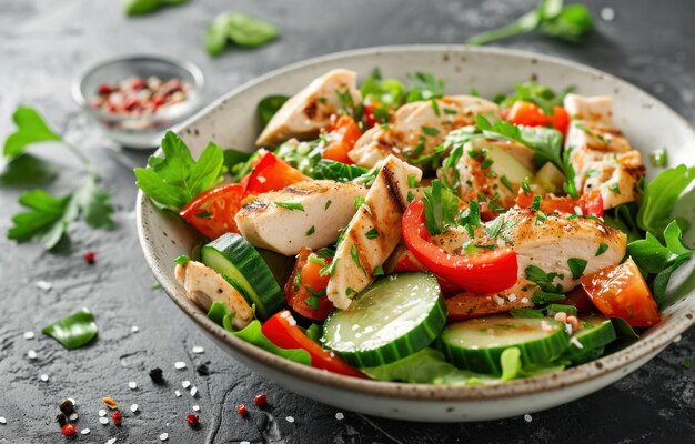 Foto hühnersalat auf dem tisch mit gemüse