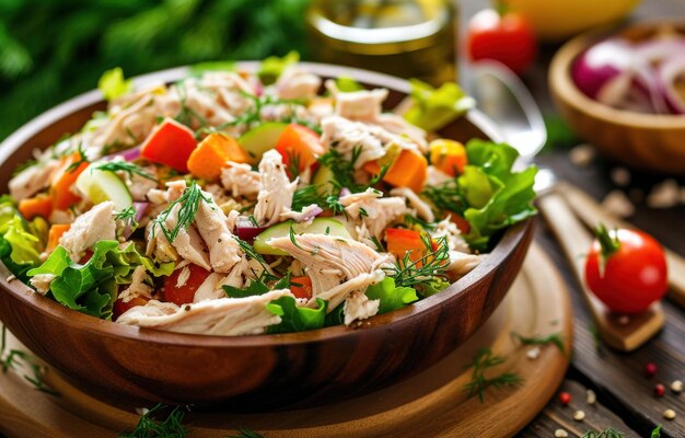 Foto hühnersalat auf dem tisch mit gemüse