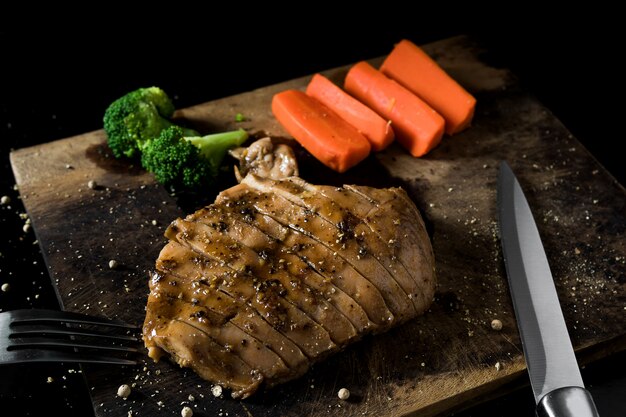 Hühnersteak mit Gewürzen, das Essen ist appetitlich und dient und duftend.