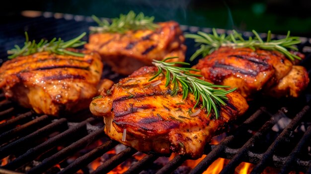 Hühnerstücke auf BBQ-Grill-Gitter mit Feuer und Rauch Nahaufnahme Generative KI