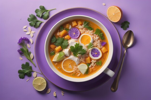 Hühnersuppe mit Kokosmilch, Orange und Petersilie auf lila Hintergrund