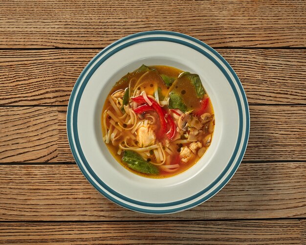 Hühnersuppe mit Nudeln Champignons Paprika und Spinat