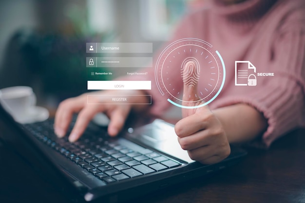 Huella dactilar táctil con global virtual con seguridad cibernética Inicio de sesión Seguridad de la información de identificación del usuario y cifrado Acceso seguro a la información personal de los usuarios Acceso seguro a Internet