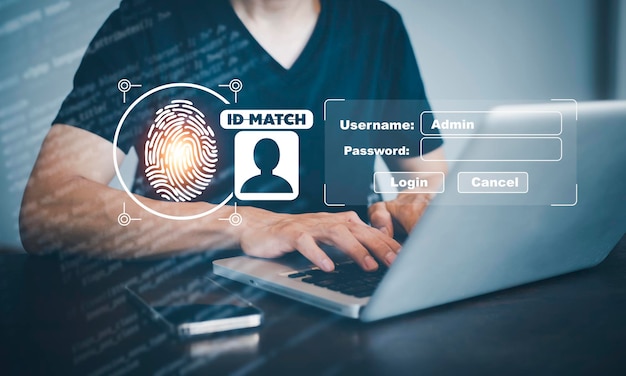Huella dactilar táctil de la mano con virtual global con seguridad cibernética Entrada de usuario Identificación información seguridad y encriptación acceso seguro a los usuarios información personal acceso seguro a Internet