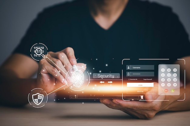 Huella dactilar táctil de la mano con virtual global con seguridad cibernética Entrada de usuario Identificación información seguridad y encriptación acceso seguro a los usuarios información personal acceso seguro a Internet