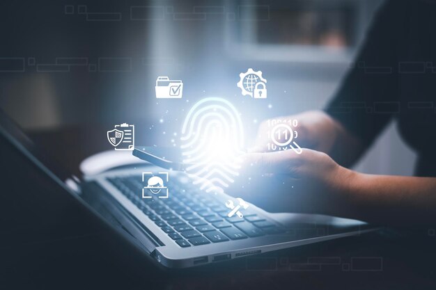Huella dactilar táctil de la mano con virtual global con seguridad cibernética Entrada de usuario Identificación información seguridad y encriptación acceso seguro a los usuarios información personal acceso seguro a Internet