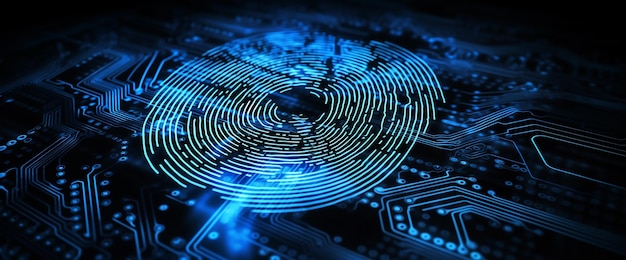 Una huella digital superpuesta sobre un fondo de código giratorio que indica acceso no autorizado y robo de identidad