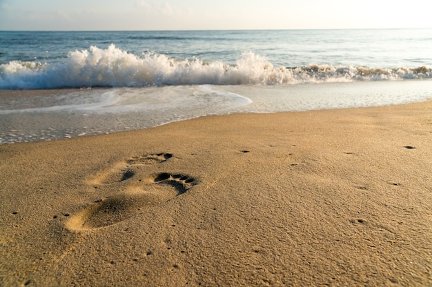 Huella humana en la playa con olas pequeñas y cielo azul