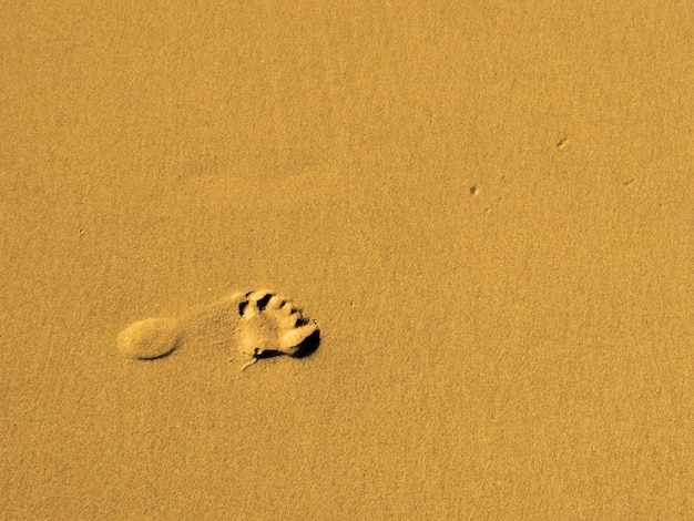 Huella única en la arena objeto aislado para vacaciones de verano imagen de viaje pie de hombre o mujer en la playa de arena en verano