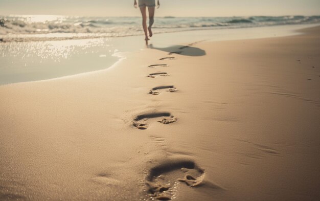 Foto huellas en la arena de una playa con una persona caminando sobre ella