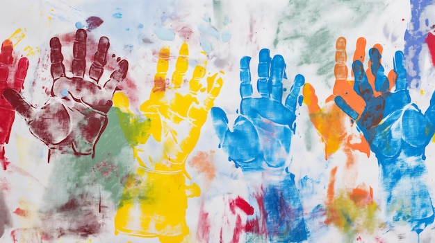 Las huellas coloridas de las manos en un lienzo crean una vibrante pieza de arte abstracto con salpicaduras de pintura