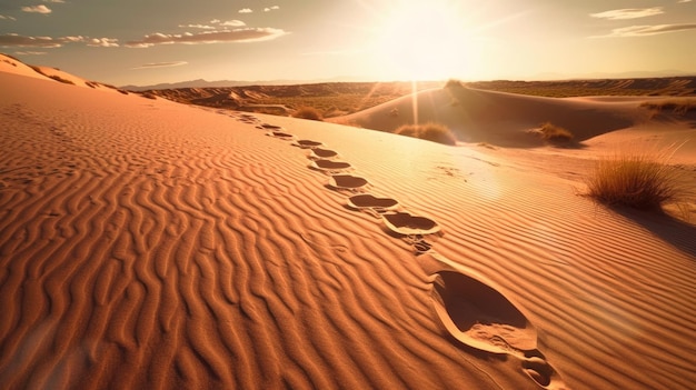 Huellas en el desierto con un sol en el horizonte