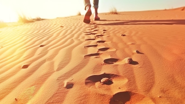 Huellas en el desierto con un sol en el horizonte