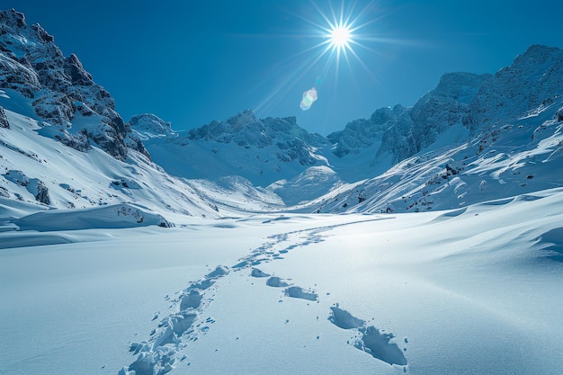 Las huellas se desprenden en la distancia en una superficie lisa nevada con montañas escarpadas bajo un sol deslumbrante