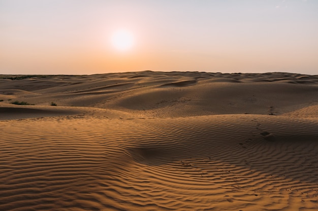 Foto huellas humanas en la arena del desierto.