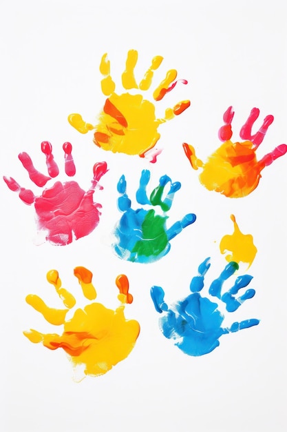Foto huellas de manos coloridas sobre fondo blanco.