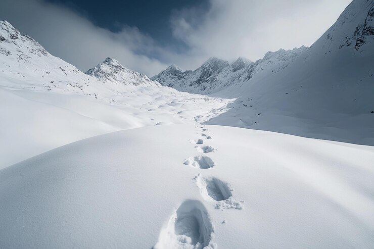 Huellas en la nieve fresca que conducen a través de un valle de montaña sereno IA generativa