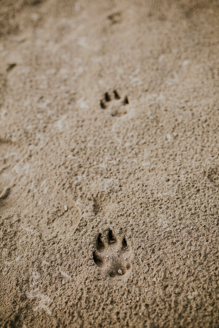 Huellas de perro mascota lindo en la arena de la playa