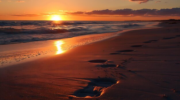 Huellas en la playa al atardecer La puesta de sol arroja un brillo cálido sobre la arena y el agua Una escena pacífica y relajante