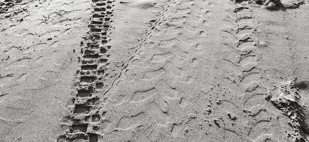 Huellas y vehículos en la playa de arena suave