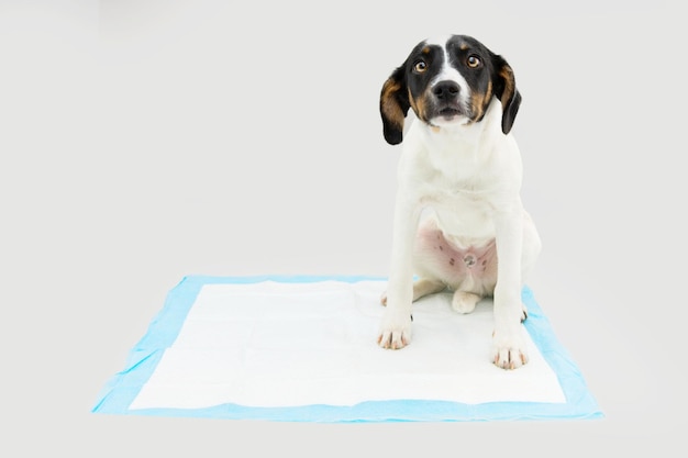 Hündchen sitzt auf einem Pee-Einwegpad-Training isoliert auf grauem Hintergrund