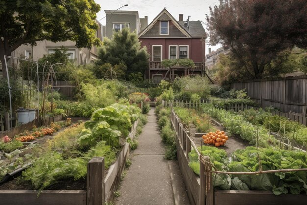 Huerta urbana con hileras de verduras, hierbas y frutas creadas con ai generativo