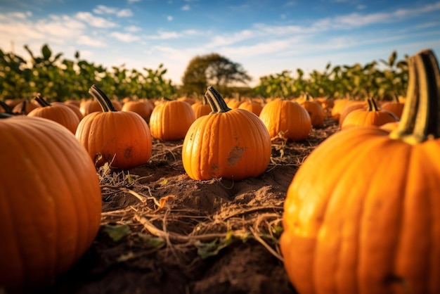 Huerto de calabazas en el soleado día de otoño Calabazas coloridas listas para Halloween