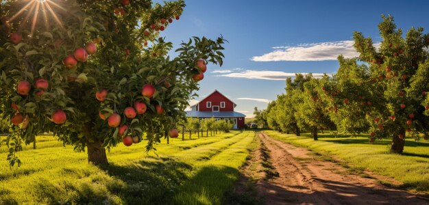 Huerto estilo granja con manzanos IA generativa