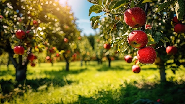 Huerto de manzanas día soleado cosecha de manzanas generación de IA