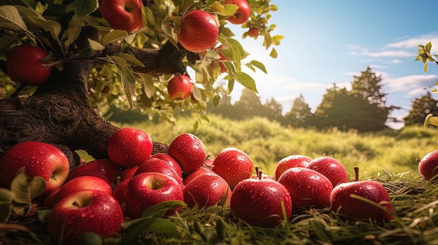 Huerto de manzanas día soleado cosecha de manzanas generación de IA