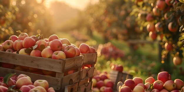 Foto un huerto con manzanas maduras en una caja de madera un día perfecto para la cosecha la luz cálida baña la escena ideal para la agricultura comercialización de la ia