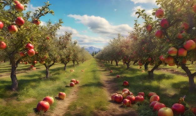 Un huerto de manzanas con manzanas maduras en ellos