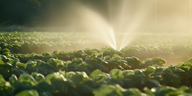 Foto el huerto está siendo regado con un rociador de agua de riego