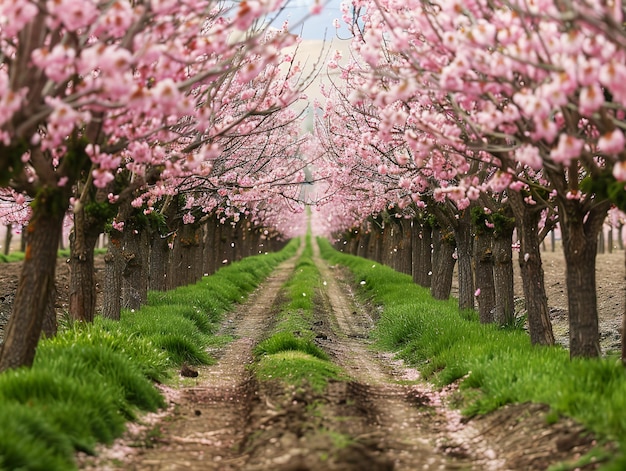 Los huertos de cerezas en flor un rubor de rosa contra el cielo de primavera belleza fugaz