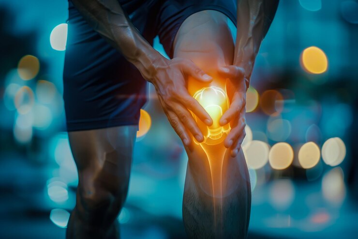 Un hueso de la rodilla está representado con un área roja brillante que indica dolor IA generativa