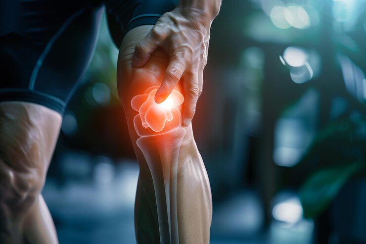 Un hueso de la rodilla está representado con un área roja brillante que indica dolor IA generativa