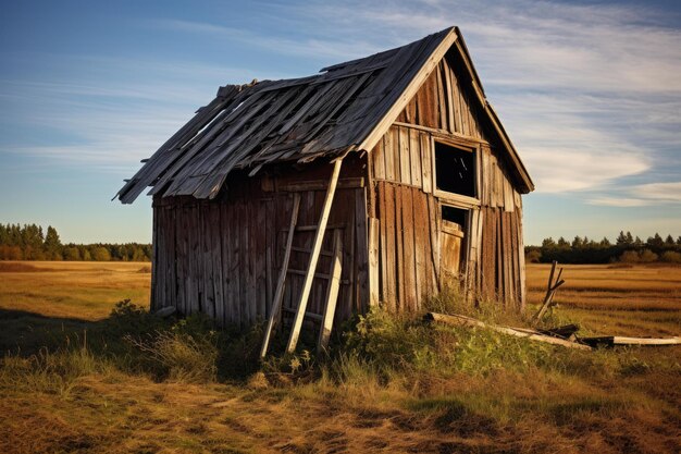 Foto hütte aus holz, alte paletten, grünes gras, generieren sie ai