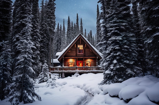 Hütte im Wald, bedeckt mit Schnee Generative Ai