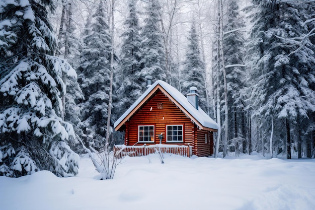 Hütte im Wald, bedeckt mit Schnee Generative Ai