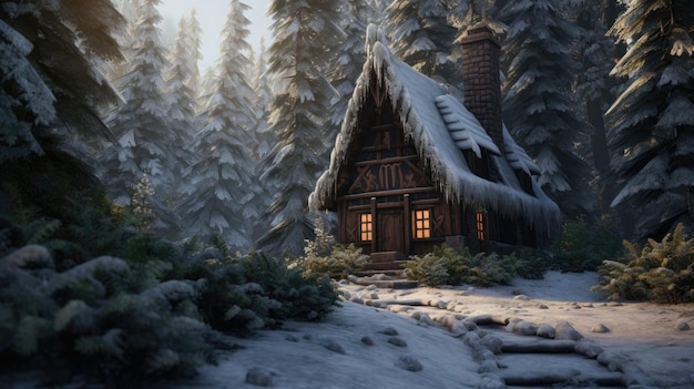 Hütte im Wald mit einem Haus im Hintergrund