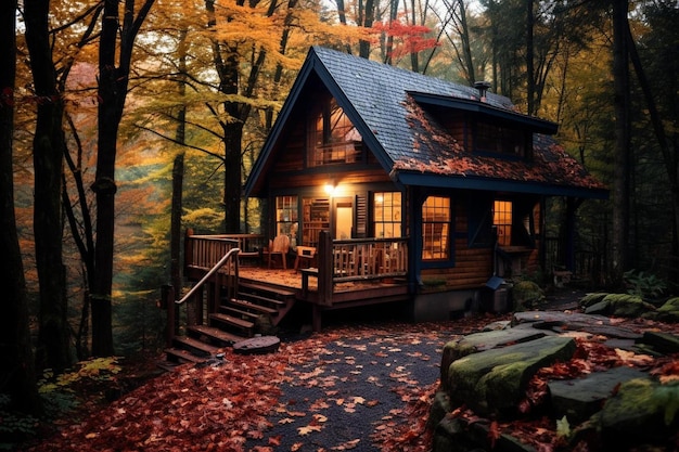 Hütte im Wald mit Herbstblättern