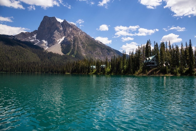 Hütten in Emerald Lake an einem lebhaften sonnigen Sommertag